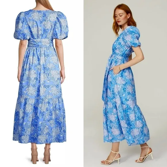 LILLY PULITZER Floral Cotton Puffed Short Sleeve Ruffle Flounce Hem Maxi Dress 8