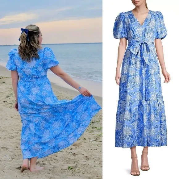 LILLY PULITZER Floral Cotton Puffed Short Sleeve Ruffle Flounce Hem Maxi Dress 8