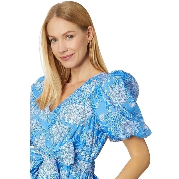 LILLY PULITZER Floral Cotton Puffed Short Sleeve Ruffle Flounce Hem Maxi Dress 8