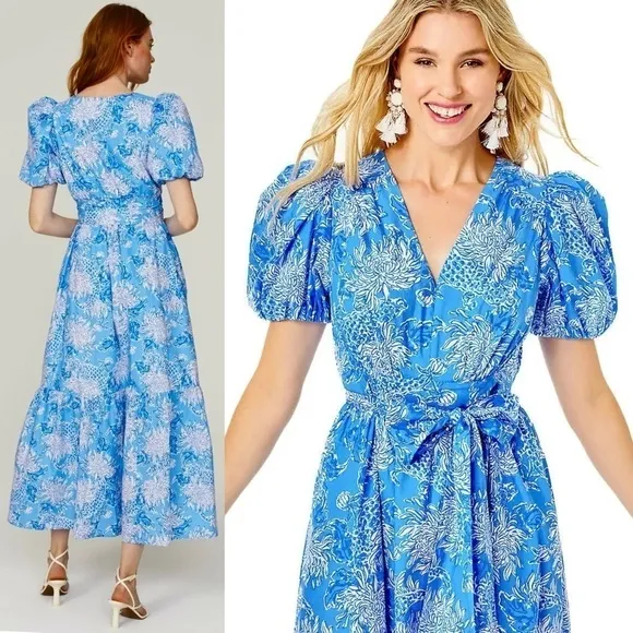 LILLY PULITZER Floral Cotton Puffed Short Sleeve Ruffle Flounce Hem Maxi Dress 8