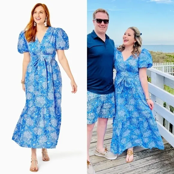 LILLY PULITZER Floral Cotton Puffed Short Sleeve Ruffle Flounce Hem Maxi Dress 8