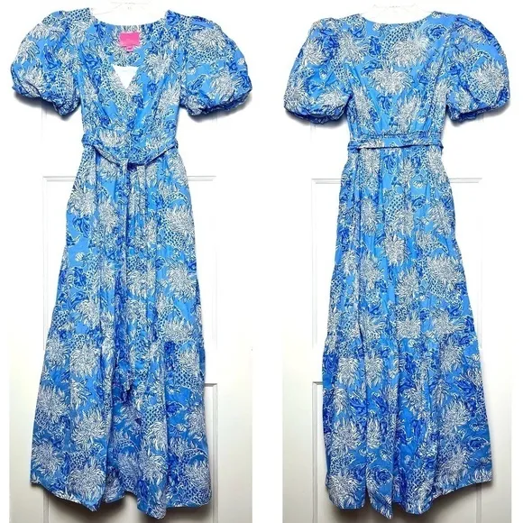 LILLY PULITZER Floral Cotton Puffed Short Sleeve Ruffle Flounce Hem Maxi Dress 8