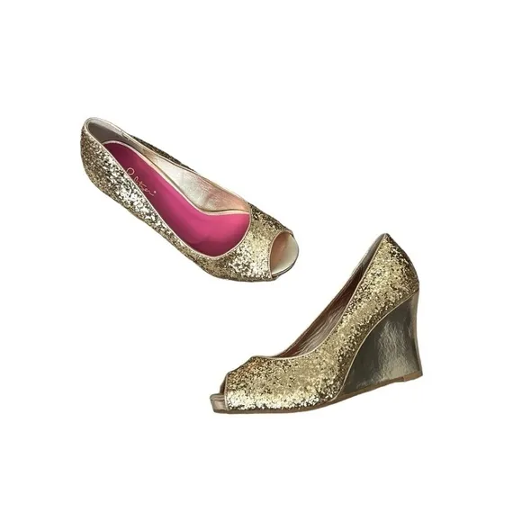 LILLY PULITZER Gold Sequin Wedges Sz 6.5