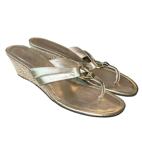 Lilly Pulitzer McKim Metallic Gold Leather Straw Wedges /  Sandals - 9.5
