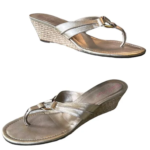 Lilly Pulitzer McKim Metallic Gold Leather Straw Wedges /  Sandals - 9.5
