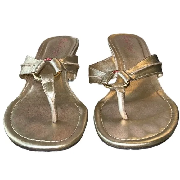 Lilly Pulitzer McKim Metallic Gold Leather Straw Wedges /  Sandals - 9.5