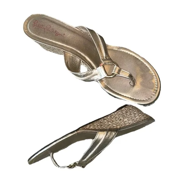 Lilly Pulitzer McKim Metallic Gold Leather Straw Wedges /  Sandals - 9.5