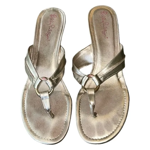 Lilly Pulitzer McKim Metallic Gold Leather Straw Wedges /  Sandals - 9.5