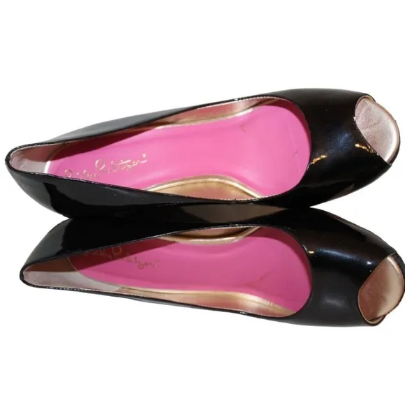 LILLY PULITZER NEW RESORT CHIC WEDGES GLITTER BLACK PATENT LEATHER PEEP TOE