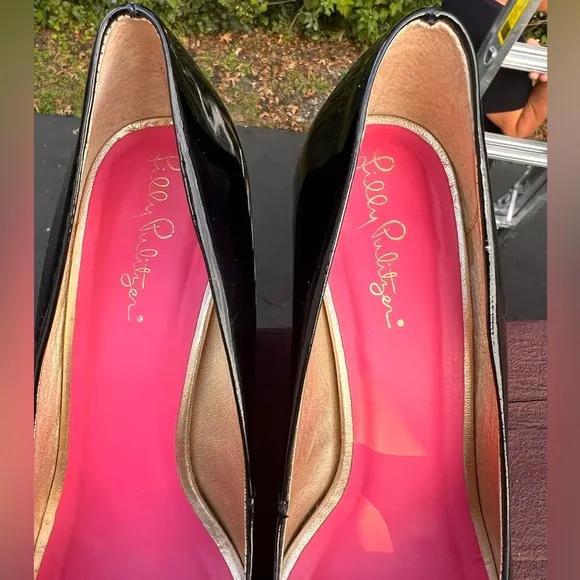 LILLY PULITZER NEW RESORT CHIC WEDGES GLITTER BLACK PATENT LEATHER PEEP TOE