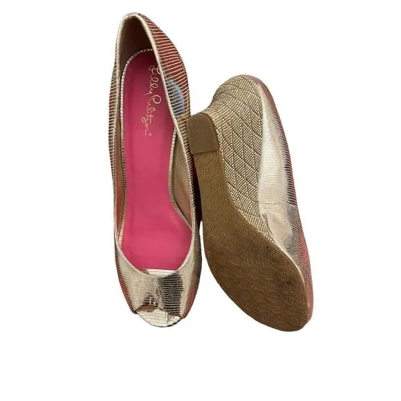 Lilly Pulitzer Womens Resort Gold Leather Metallic Peep Toe Wedges 9
