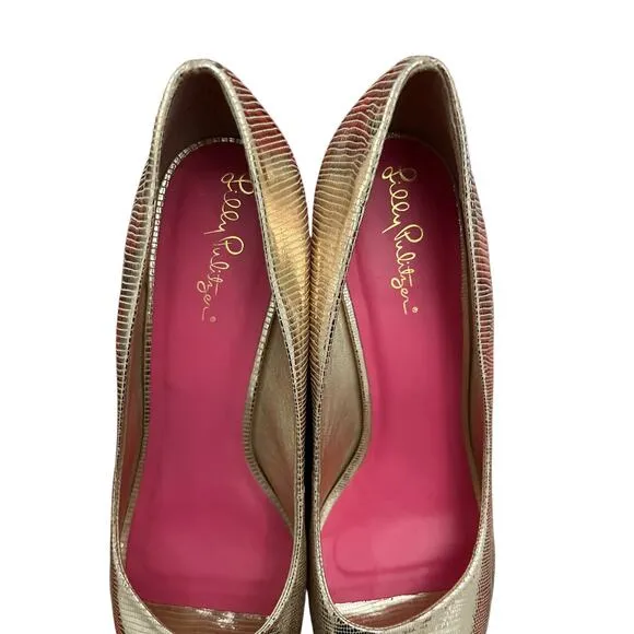 Lilly Pulitzer Womens Resort Gold Leather Metallic Peep Toe Wedges 9