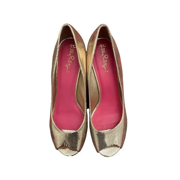 Lilly Pulitzer Womens Resort Gold Leather Metallic Peep Toe Wedges 9