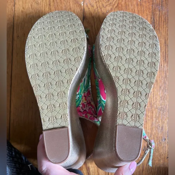 Lily Pulitzer Classic Pink Floral Canvas Gold Peep Toe Wedges Womens Size 8.5