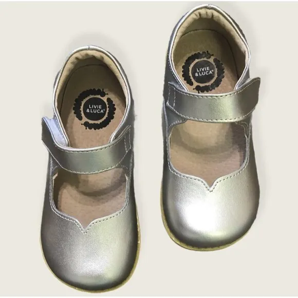 Livie &amp; Luca Astrid Silver Metallic Mary Janes Velcro Holiday NWT