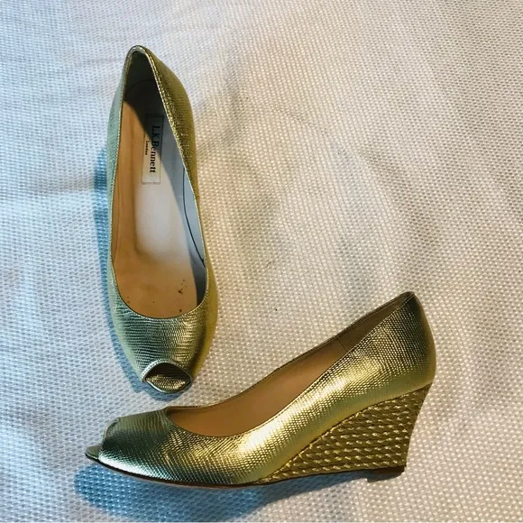 L.K BENNETT Gold Peep Toe Wedge Shoes