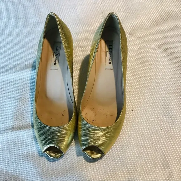 L.K BENNETT Gold Peep Toe Wedge Shoes