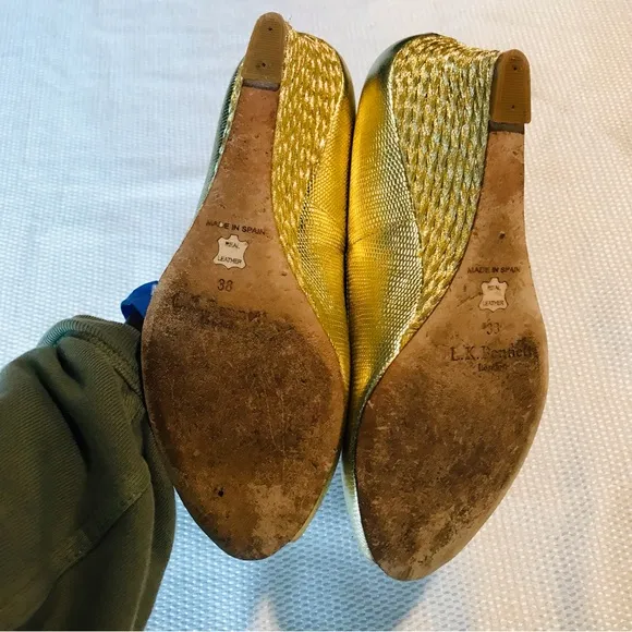 L.K BENNETT Gold Peep Toe Wedge Shoes