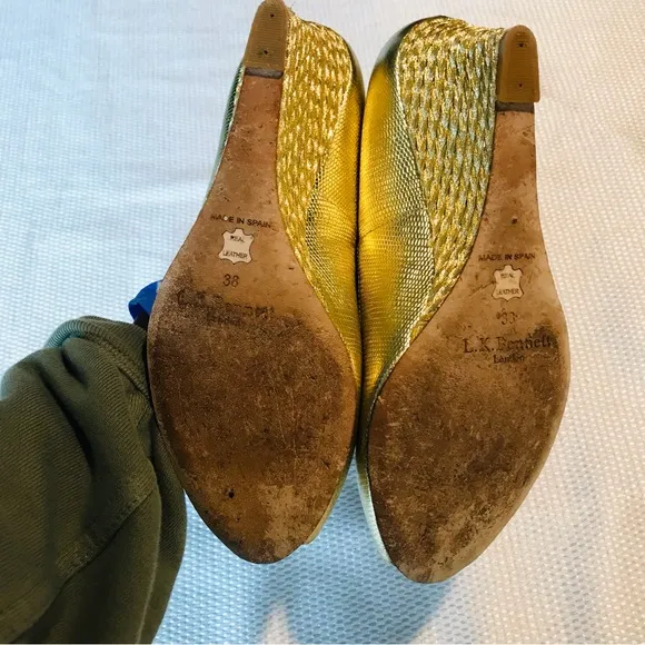 L.K BENNETT Gold Peep Toe Wedge Shoes
