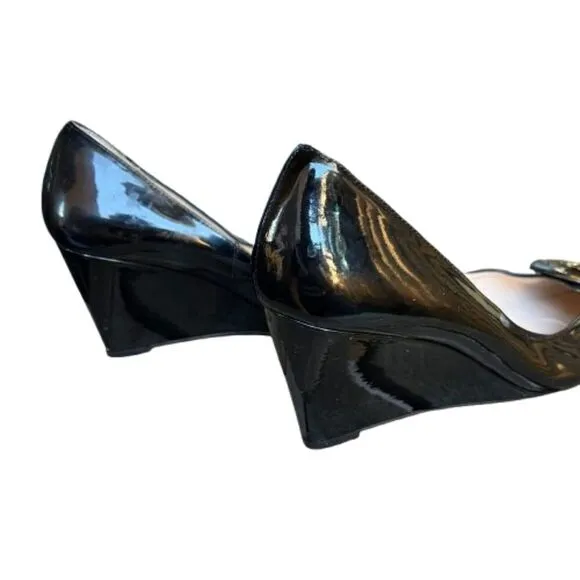 L.K. Bennett Womens Black Patent Leather Wedge Pointed Toe Pumps Size 8.5 /  39