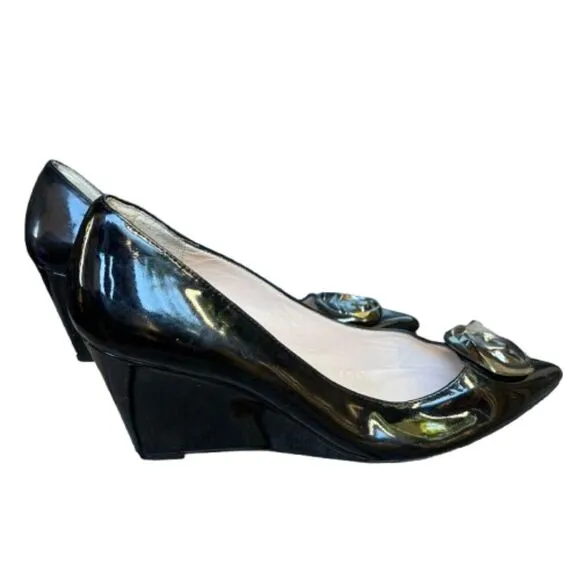 L.K. Bennett Womens Black Patent Leather Wedge Pointed Toe Pumps Size 8.5 /  39