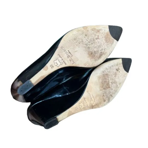 L.K. Bennett Womens Black Patent Leather Wedge Pointed Toe Pumps Size 8.5 /  39