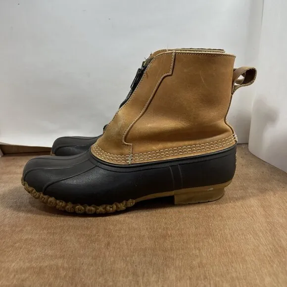 LL Bean Duck Boots Men's Size 11 Fur Lined Brown Leather 8 Inch Boots Zip Up