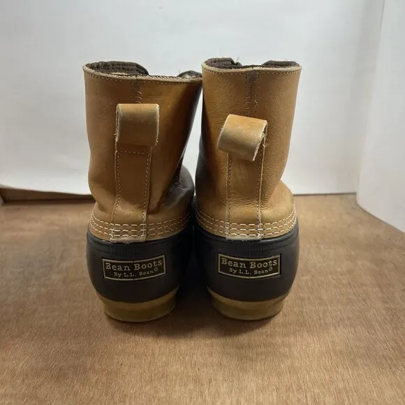 LL Bean Duck Boots Men's Size 11 Fur Lined Brown Leather 8 Inch Boots Zip Up