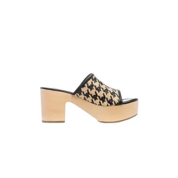 Logan Open Toe Leather Raffia Houndstooth Wooden Clog Black Cream Size 36