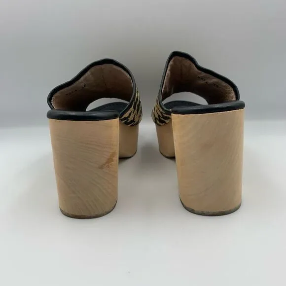 Logan Open Toe Leather Raffia Houndstooth Wooden Clog Black Cream Size 36
