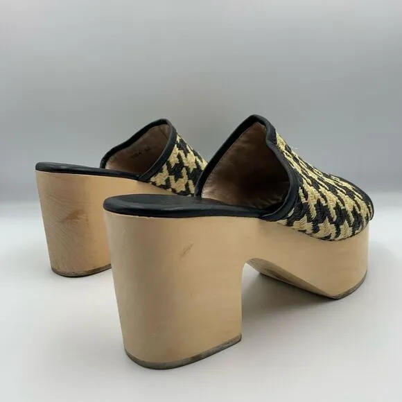 Logan Open Toe Leather Raffia Houndstooth Wooden Clog Black Cream Size 36