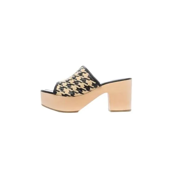 Logan Open Toe Leather Raffia Houndstooth Wooden Clog Black Cream Size 36