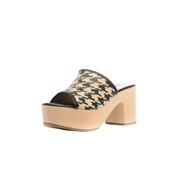 Logan Open Toe Leather Raffia Houndstooth Wooden Clog Black Cream Size 36