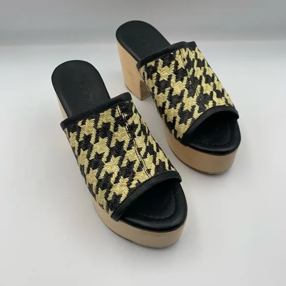Logan Open Toe Leather Raffia Houndstooth Wooden Clog Black Cream Size 36