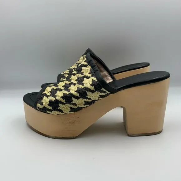 Logan Open Toe Leather Raffia Houndstooth Wooden Clog Black Cream Size 36