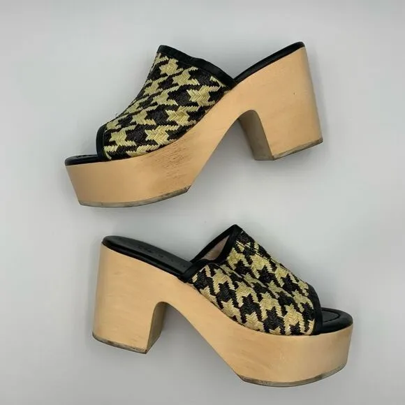 Logan Open Toe Leather Raffia Houndstooth Wooden Clog Black Cream Size 36