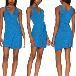 Lovers   Friends Wrap Up Sweater Dress Blue Metallic Knit Christmas Holiday NWT