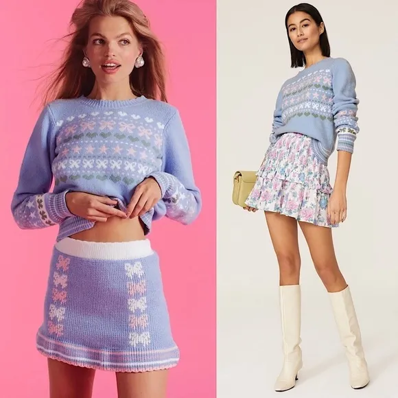 LOVESHACKFANCY 90s Pastel Heart Bow Fair Isle Knit Pullover Cropped Sweater XL
