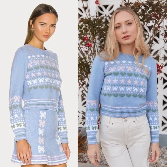 LOVESHACKFANCY 90s Pastel Heart Bow Fair Isle Knit Pullover Cropped Sweater XL