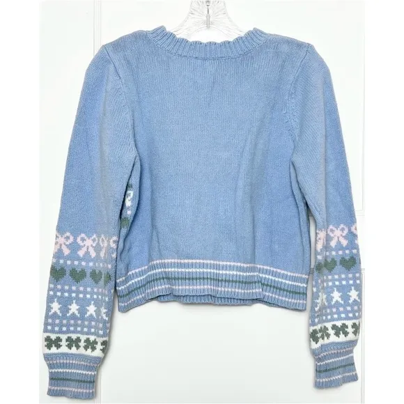 LOVESHACKFANCY 90s Pastel Heart Bow Fair Isle Knit Pullover Cropped Sweater XL