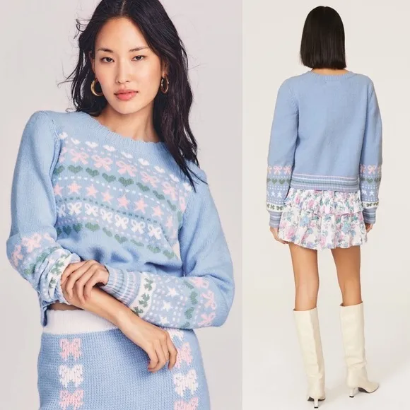LOVESHACKFANCY 90s Pastel Heart Bow Fair Isle Knit Pullover Cropped Sweater XL