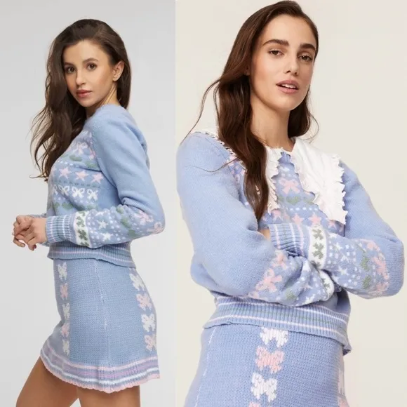 LOVESHACKFANCY 90s Pastel Heart Bow Fair Isle Knit Pullover Cropped Sweater XL