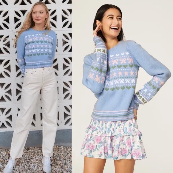 LOVESHACKFANCY 90s Pastel Heart Bow Fair Isle Knit Pullover Cropped Sweater XL