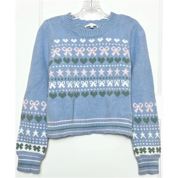 LOVESHACKFANCY 90s Pastel Heart Bow Fair Isle Knit Pullover Cropped Sweater XL