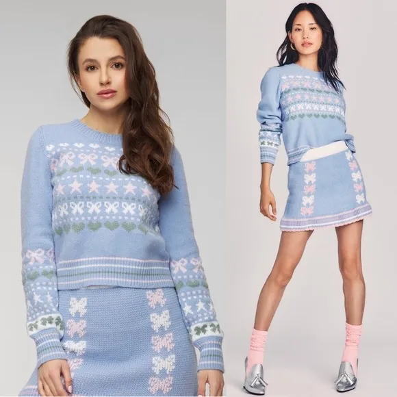 LOVESHACKFANCY 90s Pastel Heart Bow Fair Isle Knit Pullover Cropped Sweater XL
