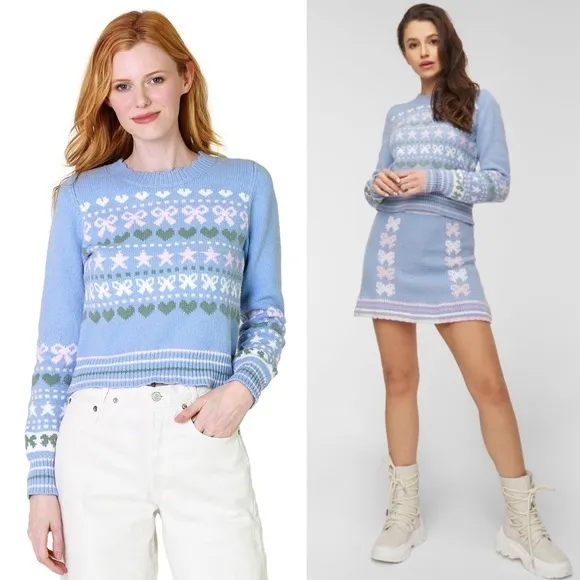 LOVESHACKFANCY 90s Pastel Heart Bow Fair Isle Knit Pullover Cropped Sweater XL