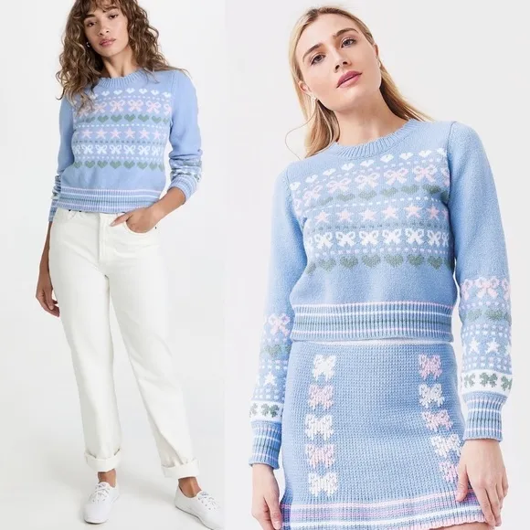 LOVESHACKFANCY 90s Pastel Heart Bow Fair Isle Knit Pullover Cropped Sweater XL