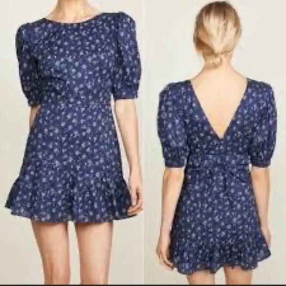 LoveShackFancy Eventide Blue Lena Dress Floral Cotton Mini Size Medium