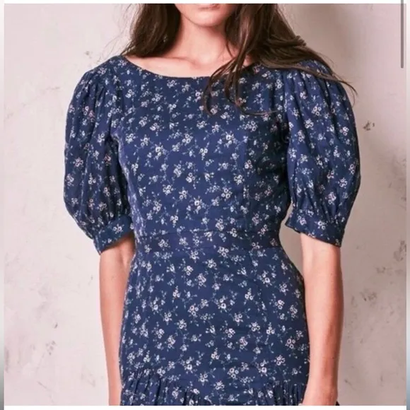 LoveShackFancy Eventide Blue Lena Dress Floral Cotton Mini Size Medium