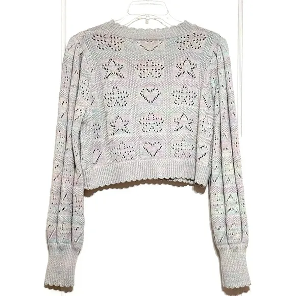 LOVESHACKFANCY Pastel Rainbow Star &amp; Heart Pointelle Cropped Cardigan Sweater L
